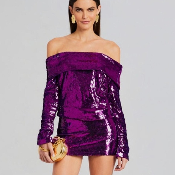 New! Retrofete Purple‎ Sequin Off the Shoulder Wyn Mini Dress Size XS - Picture 1 of 7